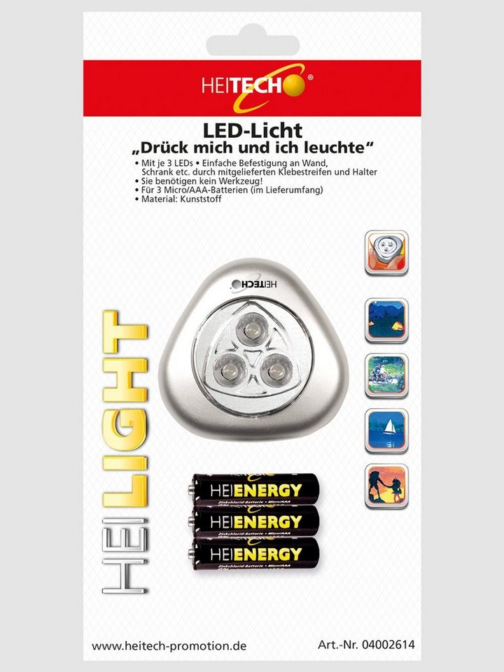 HEITECH LED Arbeitsleuchte LED-Licht"Drück mich" mit 3 LEDs, inkl. 3 Micro/AAA Batterien von HEITECH