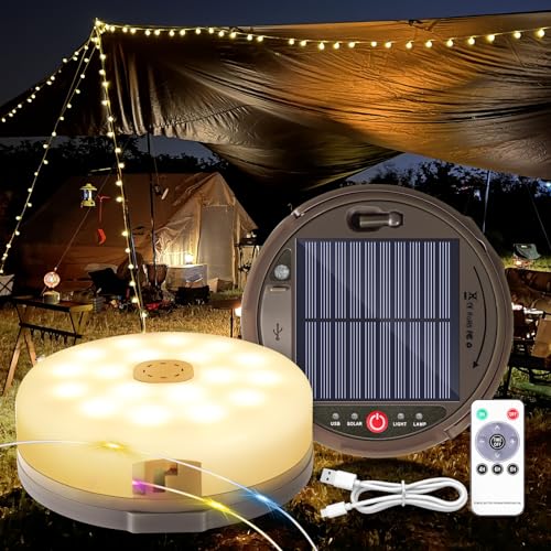 HELESIN 12.8M 128 LED Camping Lichterkette Aufrollbar Mehrfarbig, Solar&USB Aufladung Camping Lampe Tragbare 3600mAh, Solar Camping licht Dimmbar 5 Modi für Camping Party Gartendeko von HELESIN