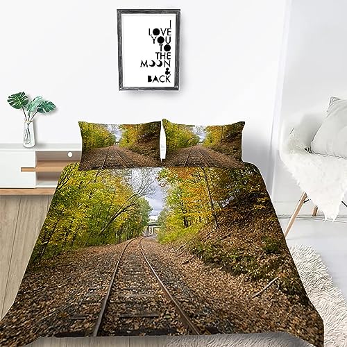 HELVES Bettwäsche 135x200 cm Herbstwald, 3D Bettwäsche Set Mikrofaser Bettbezug Eisenbahn für Kinder, Weiche Bettbezüge + 2 Kissenbezug 80x80 cm, mit Reißverschluss von HELVES