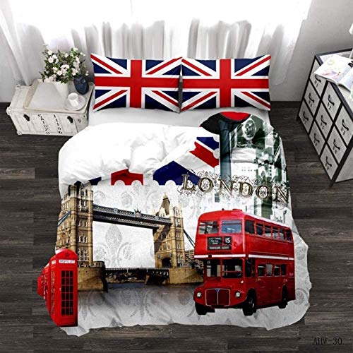 HELVES Bettwäsche 135x200 cm London Bridge, 3D Bettwäsche Set Mikrofaser Bettbezug Londoner Bus für Kinder, Weiche Bettbezüge + 2 Kissenbezug 80x80 cm, mit Reißverschluss von HELVES