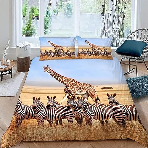 HELVES Bettwäsche 140x200 cm Giraffe, 3D Bettwäsche Set Mikrofaser Bettbezug Zebra für Kinder, Weiche Bettbezüge + 2 Kissenbezug 80x80 cm, mit Reißverschluss von HELVES