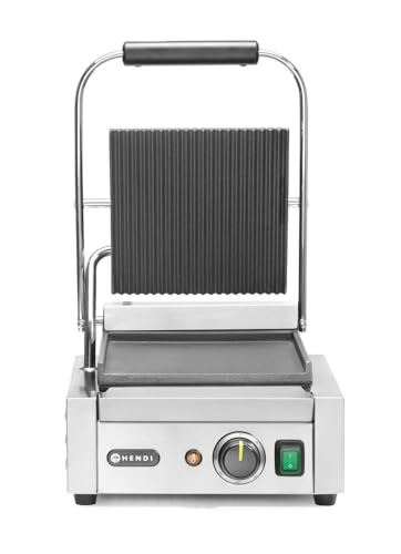 HENDI Kontaktgrill, Einzelversion, Elektrogrill, Tischgrill, Sandwichtoaster, Regelbar bis max. 300°C, Oberseite (H)530mm, Grillfläche 220x230mm, 230V, 1800W, 310x370x(H)210mm, Edelstahl von HENDI