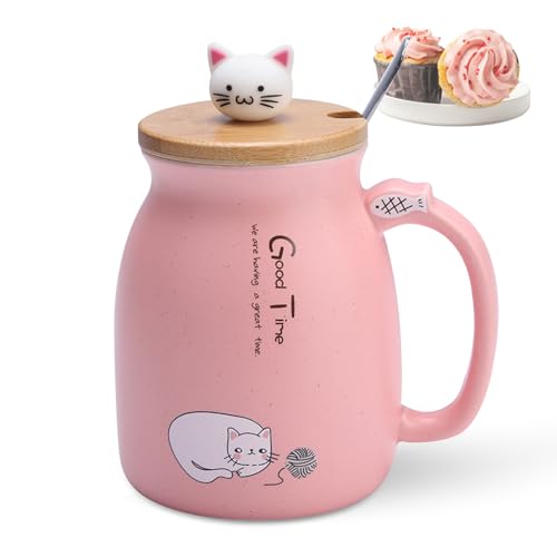 420 Ml Katzen Tasse Geschenk Tasse mit Edelstahl Löffel und Holzdeckel Kaffee Wasser Milch Becher (Rosa) von HERCHR