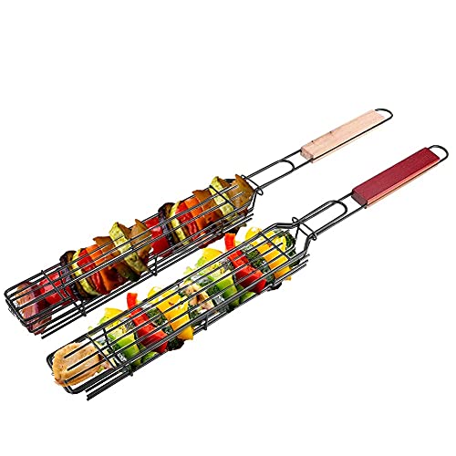 2 Stück Kabob Grillkörbe, Edelstahl Antihaft Kebab Grillkorb mit Holzgriff für BBQ Barbecue Wurst Hot Dog von HERCHR