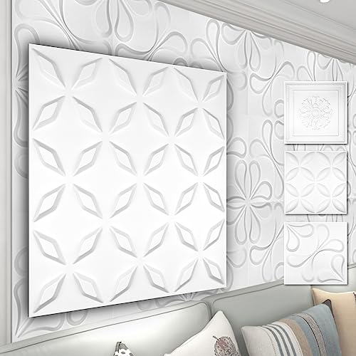 HEXIM 3D Wandpaneele, PVC Kunststoff weiß - Blumen Design Paneele 50x50cm Wandverkleidung (5QM HD063) Wandvertafelung 3dwandpaneele akustik von HEXIM