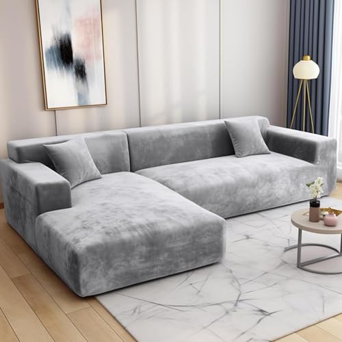 HEYOMART Sofabezug Ecksofa L Form Stretch Plüsch Sofa Überzug Universal Couchbezug Für 1/2/3/4 Sitzer - 2 Sitzer, Grau (L Form Ecksofa Erfordert Zwei) von HEYOMART