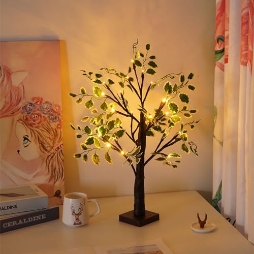 Tischleuchte aus schwarzer Birke beleuchteter Weihnachtsbaum mit künstlichen grünen Blättern und 24 warmweißen LEDs für Kamin Schlafzimmer Zuhause Party Hochzeit Mini-Bonsai-Baumlampe 60cm von HFHungkeong