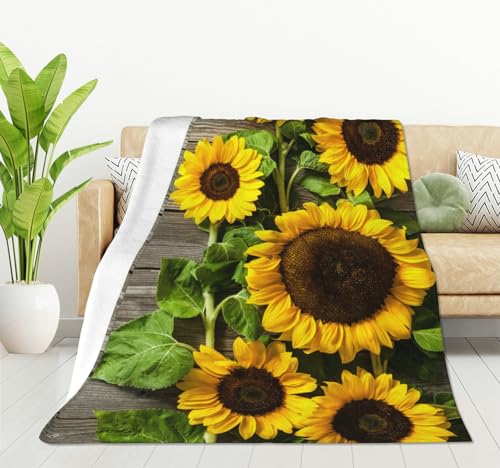 HGOD DESIGNS Sonnenblumen-Decke, superweiche Sonnenblumen auf Holzbrett, Überwurfdecke, 130 x 150 cm, Decke für Bett, Couch, Stuhl, Herbst, Winter, Camping, Wohnzimmer, Büro, Geschenk von HGOD DESIGNS