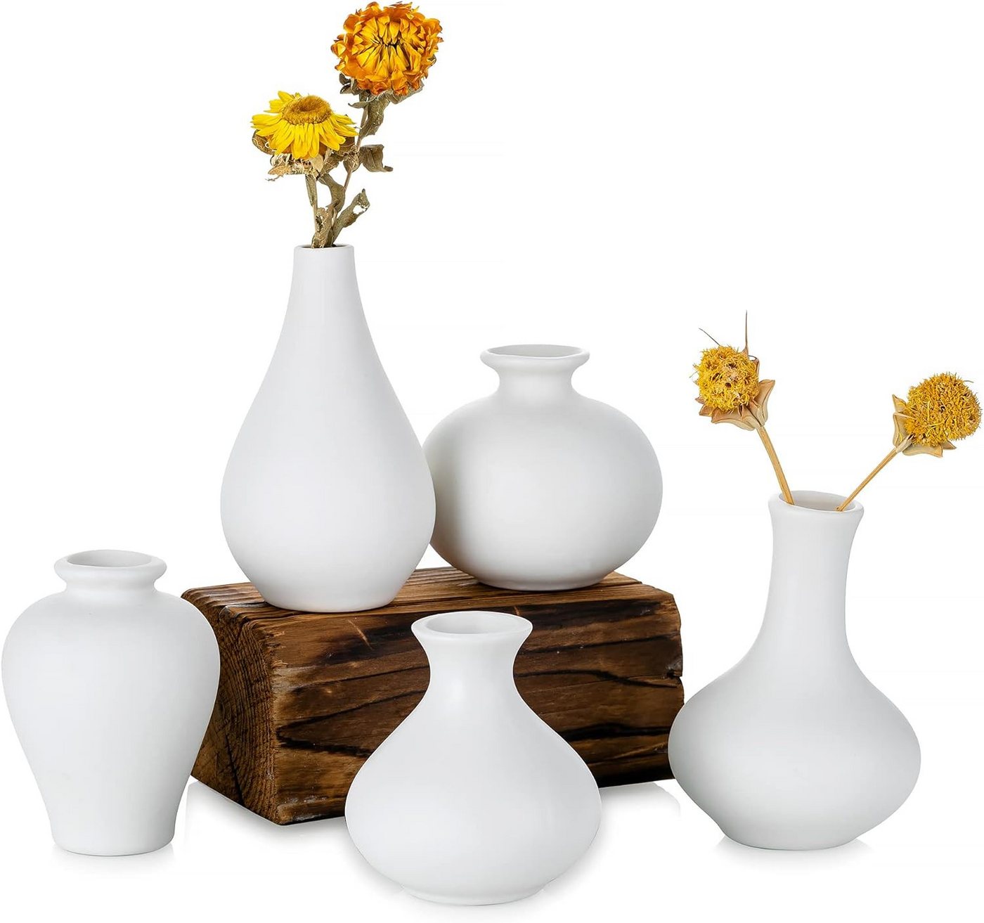 HIBNOPN Dekovase Kleine Weiß Keramik Vasen 5er-Set, Mini Handmade Keramikvasen für Deko (5 St) von HIBNOPN