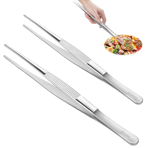 2 Stück Koch Pinzette Küche, Kochpinzette Edelstahl 20cm und 30cm, Lange Pinzette Präzision Gezackte Spitzen, Fleischpinzette Edelstahl Küchenpinzette, Grillpinzette für Kochen Grillen und Backen von HIKPACKER