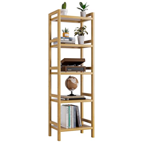 HITNET Bücherregal mit 5 Ebenen, Bambus Standregal mit Verstellbaren Regalen, Freistehende Küchenschrank, Blume Pflanze Display für Wohnzimmer, Bad, Küche, Natur von HITNET