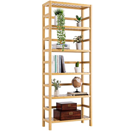 HITNET Bücherregal mit 6 Ebenen, Bambus Standregal mit Verstellbaren Regalen, Freistehende Küchenschrank, Blume Pflanze Display für Wohnzimmer, Bad, Küche, Natur von HITNET