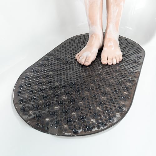 HITSLAM Oval Badewannenmatte rutschfest, 68 x 38 cm Antirutschmatte für Badewanne, Maschinenwaschbar Duschmatte rutschfest mit Saugnäpfen, BPA frei Badematte Schimmelresistent, Schwarz von HITSLAM