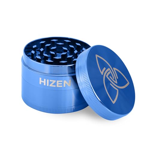 HIZEN Basic Grinder Ø 49mm, 4-teilige Kräutermühle, Crusher Set für getrocknete Kräuter, Pollen, Blüten, Gewürze mit Pollenfach und Schaber (Blau) von HIZEN