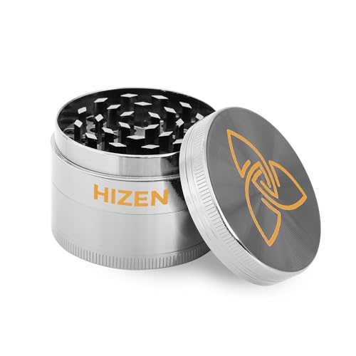 HIZEN Basic Grinder Ø 49mm, 4-teilige Kräutermühle, Crusher Set für getrocknete Kräuter, Pollen, Blüten, Gewürze mit Pollenfach und Schaber (Silber) von HIZEN