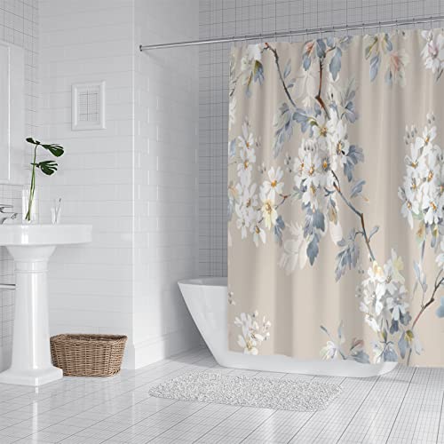 Duschvorhang Beige Weiß Blumen Duschvorhanghaken Duschvorhänge Schimmelfest Beständig Duschvorhänge Schnell Trocknen Badezimmer Vorhänge Badezimmer Dekor Waschbar Feuchtraum Duschvorhang 180x200cm von HJOSWVNS