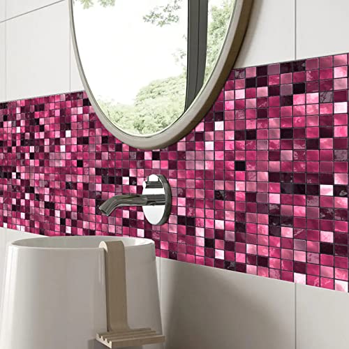 Fliesenaufkleber Fuchsia Mosaik Klebefliesen Wasserdicht Ölfest Selbstklebende Küchenrückwand Folie Mosaikfliesen Fliesenfolie für Bad Möbel Schrank Dekorative Klebefolie 24 Stück(10x10cm) von HJOSWVNS