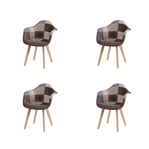 HJhomeheart 4er Esszimmerstühle aus Patchwork-Stoff mit Armlehnen, Moderner Design-Sessel, Skandinavischer Küchenstuhl aus Buchenholz (Brun) von HJhomeheart