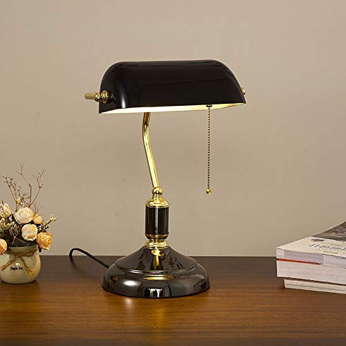 HKLY Bankerlampe, Retro Schreibtischlampe Mit Zugschalter Fassung E27 Banker Lampe Schreibtischleuchte Metall Glas Schirm Schwarz Arbeitsleuchte Nachtischlampe Tischlampe Nostalgielampe von HKLY