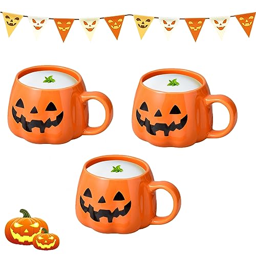 Halloween-Kürbis-Tasse, Kaffeetasse Keramik Geister, Keramik-Kaffeetasse Milchsuppentasse Niedliche Kürbis, Tasse Teetasse Für Halloween Erntedankfest Weihnachten (3PCS) von HLJS