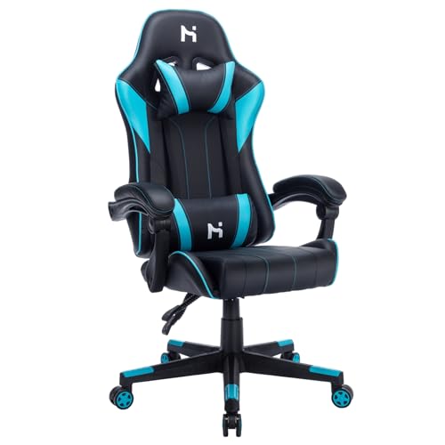 HLONONE Gaming Stuhl, Ergonomischer Bürostuhl, 90-135° Verstellbarer Neigungswinkel Schreibtischstuhl, Höhe, Kopfstütze und Lendenkissen Verstellbarer Gamer Stuhl, 150 kg Belastbarkeit, Schwarz-Blau von HLONONE