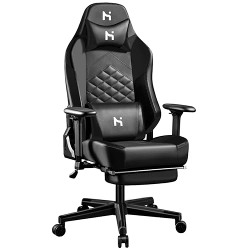 HLONONE Gaming Stuhl, Ergonomischer Bürostuhl, Rückenlehne verstellbar 90-165°, Gamer Stuhl mit Kopfstütze, Lendenkissen und Armlehnen, PC Stuhl Höhenverstellbar, Schwarz von HLONONE