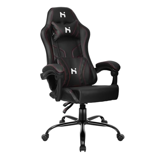 HLONONE Gaming Stuhl Ergonomischer Bürostuhl,Gamer Stuhl mit Kopfstütze,Lendenkissen und Armlehnen,PC Stuhl Höhenverstellbar,Rückenlehne verstellbar 90-135°,Gaming Stuhl Tragfähigkeit 150 kg, Schwarz von HLONONE
