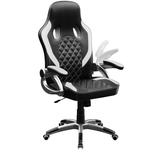 HLONONE Gaming Stuhl Ergonomischer Schreibtischstuhl Höhenverstellbarer Bürostuhl PC Stuhl mit Armlehnen, Gamer Stuhl bis 150 kg belastbar, Schwarz-Weiß von HLONONE