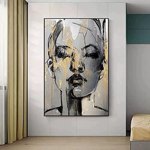 HMXQLW Abstrakte Figur Wandbilder Golden Girl Face Bilder kunstdrucke Wohnzimmer Deko,Leinwandbilder Poster und Drucke Wandkunst Schlafzimmer Rahmenlos (80x120cm) von HMXQLW