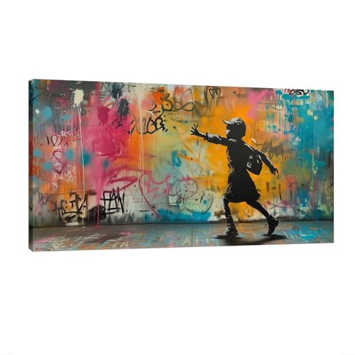 HNKDKJ Banksy Graffiti Girl Leinwand-Wandkunst moderne Künstlerästhetik Bilder Junge auf buntem Hintergrund Wanddekoration gerahmte Drucke 60x120 cm/24x47 Zoll–Innenrahmen von HNKDKJ