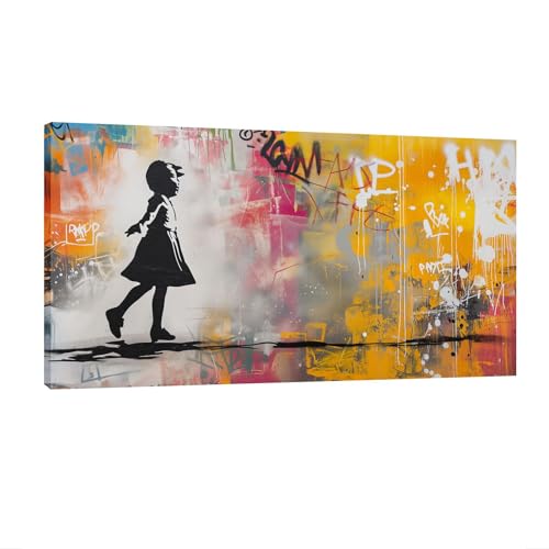 HNKDKJ Banksy Grafitti Balloon Girl Leinwanddrucke Wandkunst Grau Gelb Wandliebe Bilder für Wohnzimmer Schlafzimmer Dekorationen 90x180 cm/35x71 Zoll–Innenrahmen von HNKDKJ