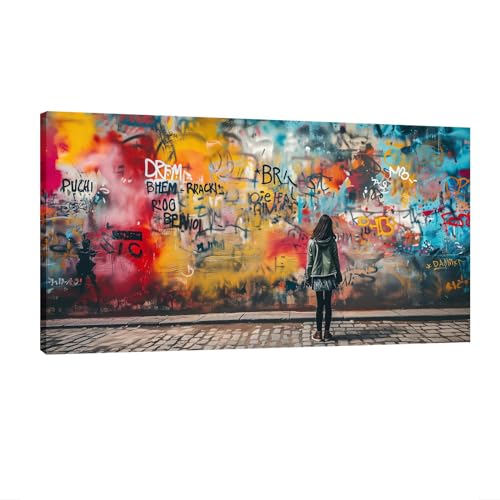 HNKDKJ Mädchen auf bunter Wand Banksy-Wandkunst Leinwand Graffiti großes Banksy-Wanddekor zeitgenössisches übergroßes Banksy-Poster gerahmt 90x180 cm/35x71 Zoll–Innenrahmen von HNKDKJ