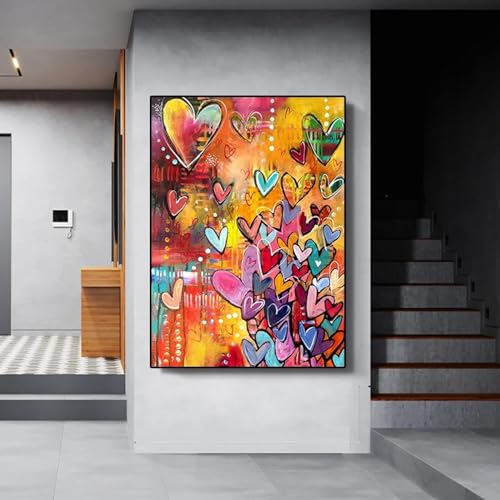 HNKDKJ Moderne Straßen-Graffiti-Wandkunst, buntes Liebes-Herz-Muster, HD-Leinwand-Poster und Drucke, Schlafzimmer, Wohnzimmer, Dekoration, 80x120 cm/31x48 Zoll – Innenrahmen von HNKDKJ