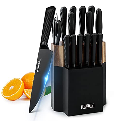 HOBO 15 Teiliges Schwarz Küchenmesser set mit Holzblock, Messer block set mit Antihaftbeschichtung, Professionelles, aus Deutschem Edelstahl mit Hohem Kohlenstoffgehalt von HOBO