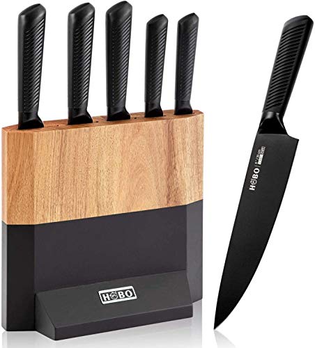 Messerblock Set, HOBO 6-teiliges Messer set mit Antihaftbeschichtung, Küchenmesserset mit Kochmesser/Brotmesser/Schneidemesser/Schälmesser, Messer aus Japanischer Edelstahl, Scharfes/Rutschfester von HOBO