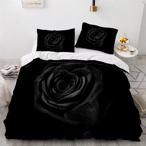 HOFFTI Bettwäsche 135x200 Kinder Rose Bettwäsche Set 3 Teilig Weiche Mikrofaser 3D Druck Schwarze Rose Bettbezüge 135x200 cm Mit Reißverschluss Et 2 Kissenbezüge 80x80,Bettwaren von HOFFTI