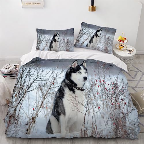 HOFFTI Bettwäsche Set Husky-Schlittenhund Bettwäsche 3 Teilig Weiche Mikrofaser 3D Druck Süßes Haustier Bettbezüge 155x220 cm Mit Reißverschluss Et 2 Kissenbezüge 80x80,Bettwaren von HOFFTI