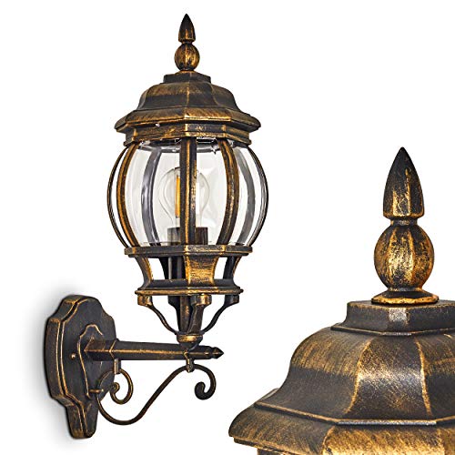 Außenwandleuchte Lentua, Wandlampe aufwärts in antikem Look, Aluguß in Braun/Gold m. Kunststoff-Scheiben, Wandleuchte, E27-Fassung, Vintage Außenleuchte für Terrasse, Veranda u. Hof, ohne Leuchtmittel von HOFSTEIN