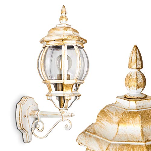 Außenwandleuchte Lentua, Wandlampe aufwärts in antikem Look, Aluguß in Weiß/Gold m. Kunststoff-Scheiben, Wandleuchte, E27-Fassung, Vintage Außenleuchte für Terrasse, Veranda u. Hof, ohne Leuchtmittel von HOFSTEIN