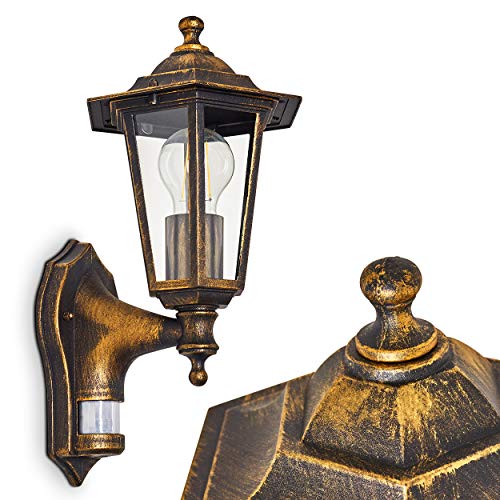 Außenwandleuchte Loria m. Bewegungsmelder, Wandlampe aufwärts in antikem Look, Aluguß in Braun/Gold m. Klarglas-Scheiben, Wandleuchte für Terrasse/Hof m. E27-Fassung, Retro/Vintage, ohne Leuchtmittel von HOFSTEIN