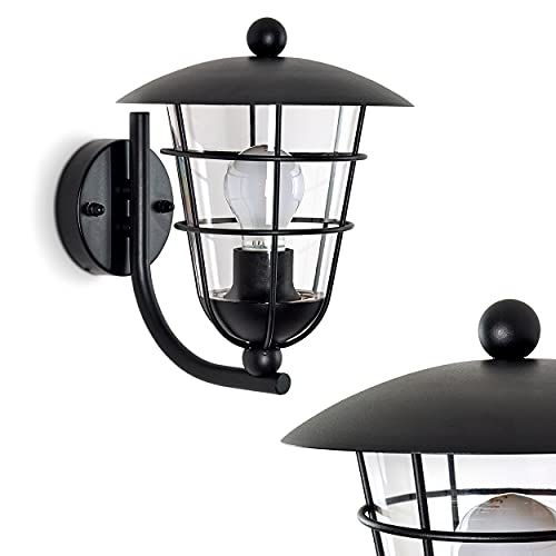 Außenwandleuchte Sonvil, klassische Wandlampe aus Metall in Schwarz und transparenten Kunststoff, 1-flammige Außenleuchte für die Terrasse, 1 x E27,ohne Leuchtmittel von HOFSTEIN