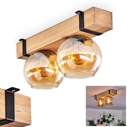 Deckenleuchte Montgomery, Deckenlampe aus Metall/Holz/Glas in Schwarz/Natur/Bernsteinfarben, skandinavischen Design mit Holzbalken und Schirmen aus Glas (Ø 15 cm), 2 x E27, ohne Leuchtmittel von HOFSTEIN