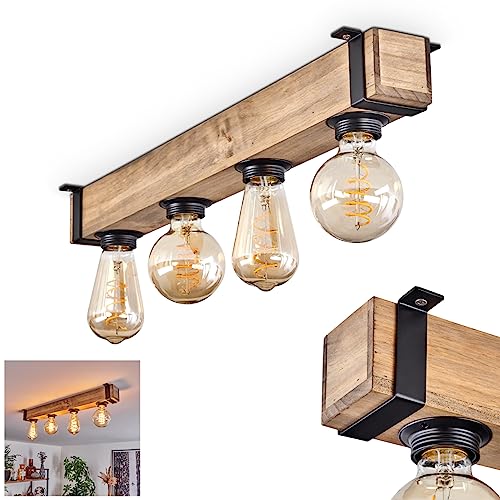 Deckenleuchte Montgomery, moderne Deckenlampe aus Metall/Holz in Schwarz/Natur, Leuchte im Industrial-Style, Retro/Vintage-Leuchte 4-flammig mit Holzbalken, 4 x E27-Fassung. ohne Leuchtmittel von HOFSTEIN