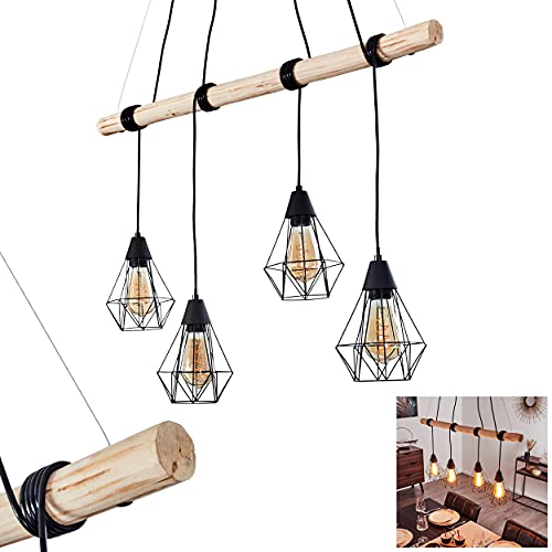 Pendelleuchte Betsele, 4-flammige Hängelampe aus Metall und Holz in Schwarz/Natur, Modernes Design mit schirmen in Gitter-Optik, Höhe der Leuchtköpfe beliebig verstellbar, 4 x E27, ohne Leuchtmittel von HOFSTEIN