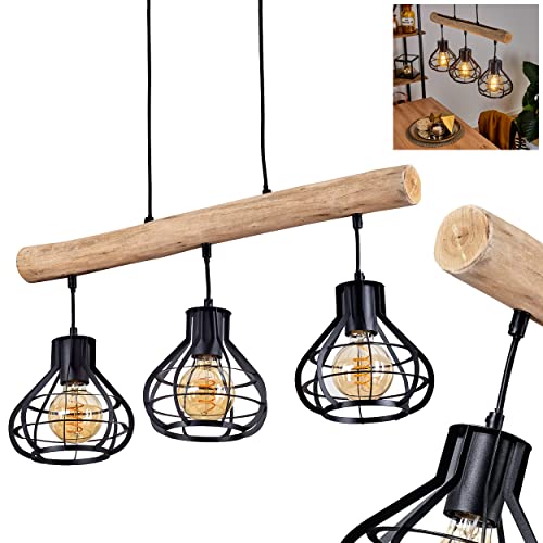 Pendelleuchte Pila, Hängelampe aus Metall/Holz in Schwarz/Natur im Vintage Design, Hängeleuchte im offenen Design mit Holzstab und Schirmen in Gitter-Optik, 3-flammig, 3 x E27, ohne Leuchtmittel von HOFSTEIN