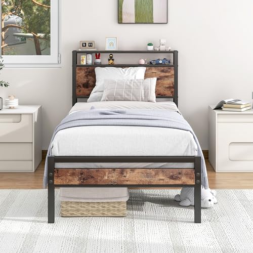 HOJINLINERO Bettgestell 90x200 mit Lattenrost,Einzelbett Bettrahmen aus Metall,Metallbett 90x200 Bett mit Holz Stauraum Kopfteil,Stauraumbett Gästebett Jugendbett Tagesbett,Bed Frame,Schwarz von HOJINLINERO