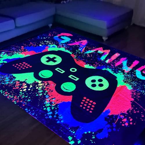 HOLAVIDA Neon Spiel Teppiche Gegend, 3D Schwarzlicht UV-reaktiver Spiel Controller Teppich, rutschfeste Fluoreszierende Bodenmatte, Leuchtet im Dunkeln Spielmatte für Kinder Spielzimmer 180x120cm von HOLAVIDA