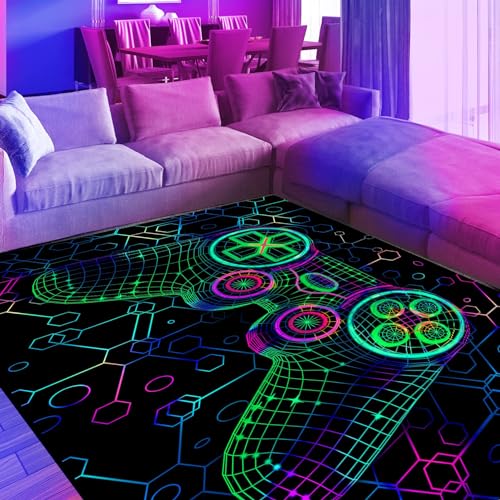 HOLAVIDA Neon Spiel Teppiche Gegend, 3D Schwarzlicht UV-reaktiver Spiel Controller Teppich, rutschfeste Fluoreszierende Bodenmatte, Leuchtet im Dunkeln Spielmatte für Kinder Spielzimmer 180x120cm von HOLAVIDA