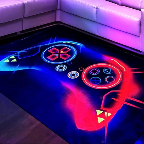 HOLAVIDA Neon Spiel Teppiche Gegend, 3D Schwarzlicht UV-reaktiver Spiel Controller Teppich, rutschfeste Fluoreszierende Bodenmatte, Leuchtet im Dunkeln Spielmatte für Kinder Spielzimmer 180x120cm von HOLAVIDA