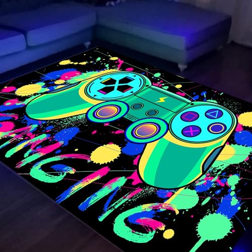 HOLAVIDA Neon Spiel Teppiche Gegend, 3D Schwarzlicht UV-reaktiver Spiel Controller Teppich, rutschfeste Fluoreszierende Bodenmatte, Leuchtet im Dunkeln Spielmatte für Kinder Spielzimmer 180x120cm von HOLAVIDA